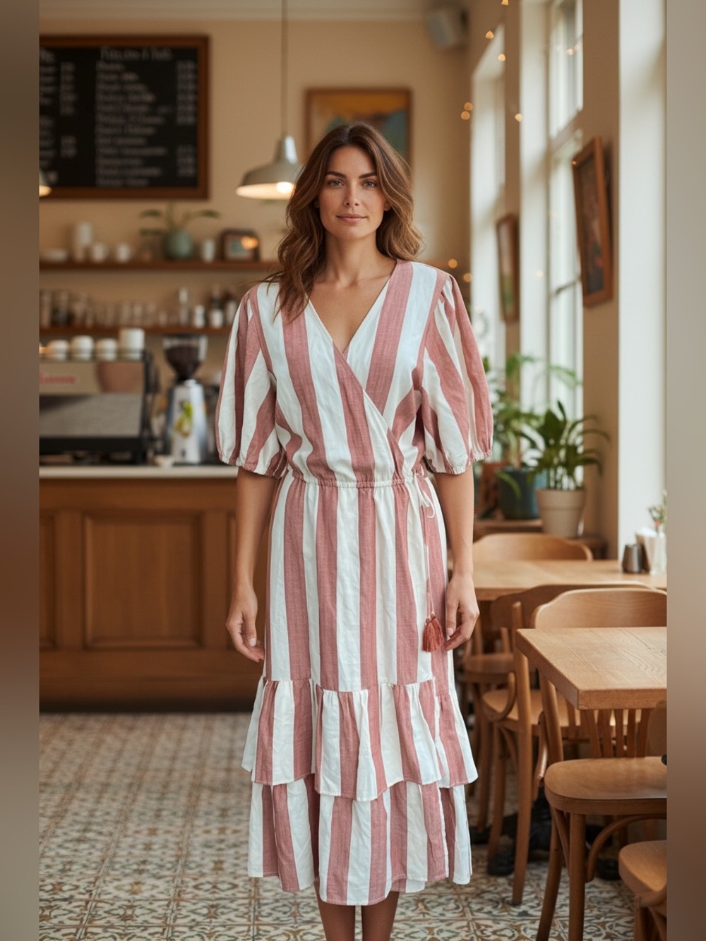 Knox Rose Striped Wrap Midi Dress Rust Cream Short Puff Sleeve Peasant Style M